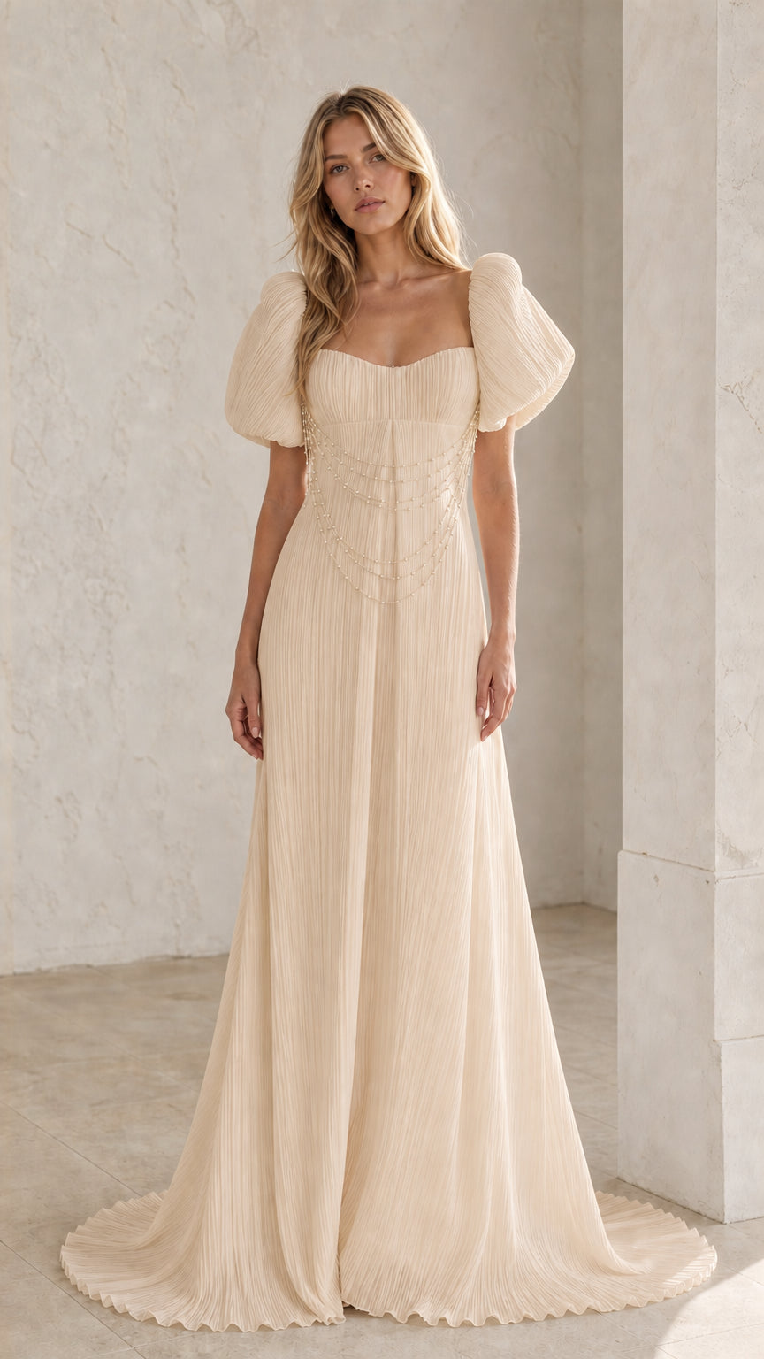 Front view of Champagne pearl draped pleated maxi dress