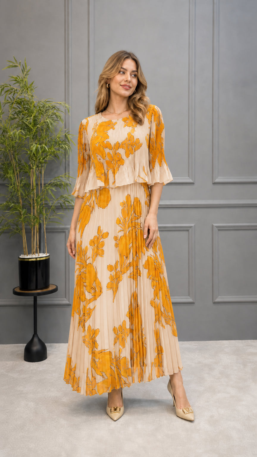 Model wearing beige champagne floral pleated maxi dress
