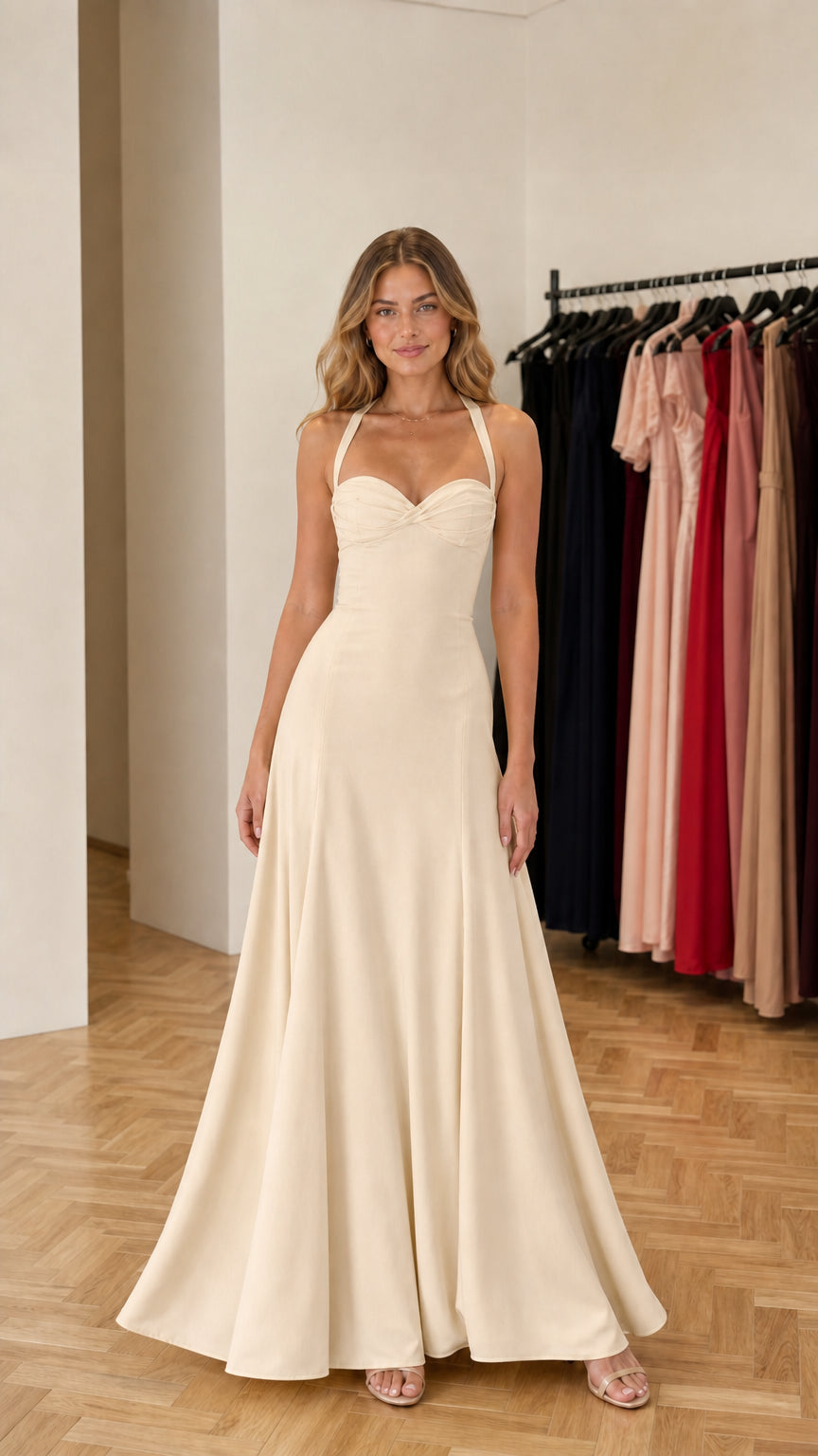 Model wearing champagne formal maxi dress