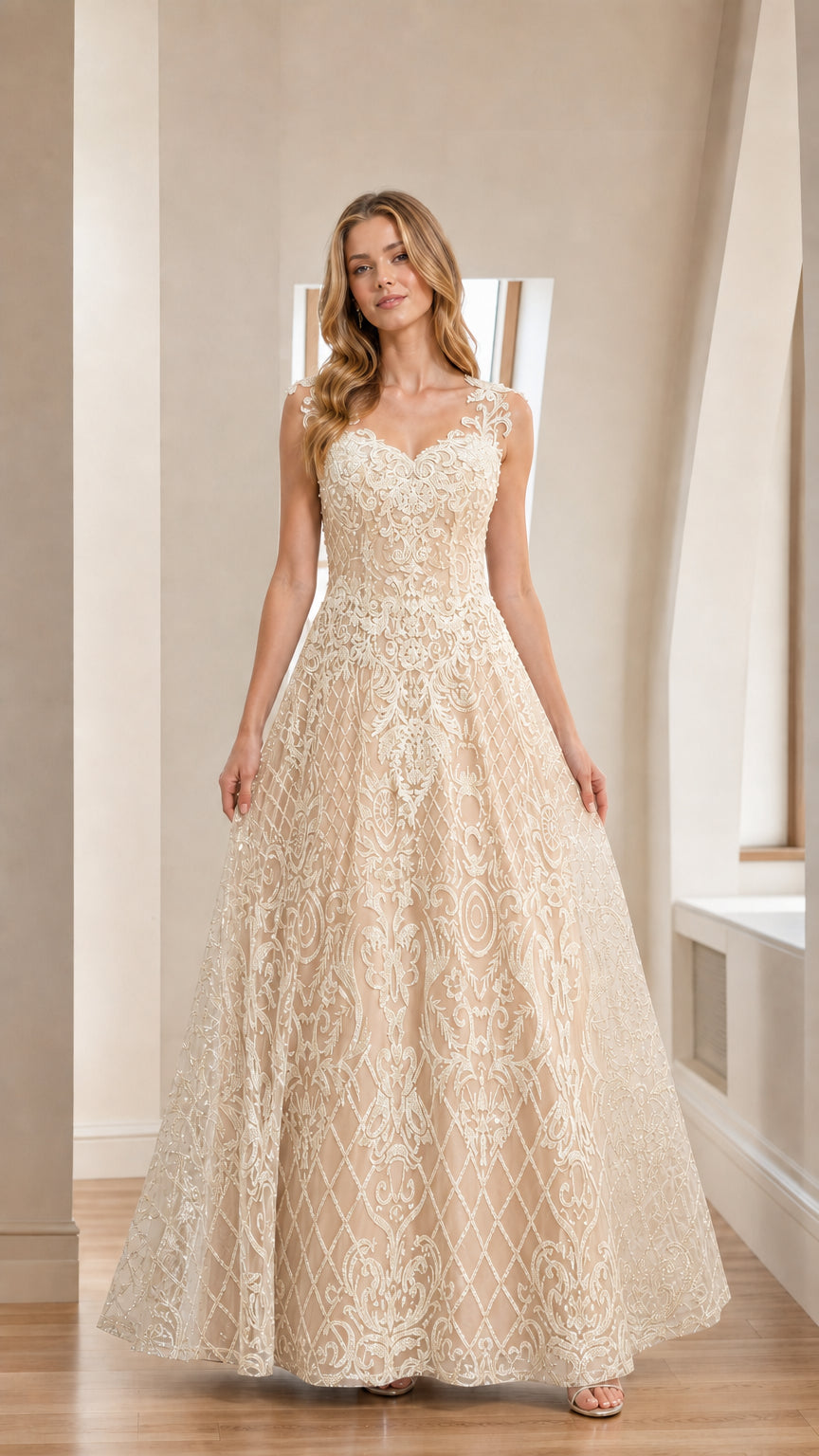 Champagne variant of the embroidered A-line evening gown