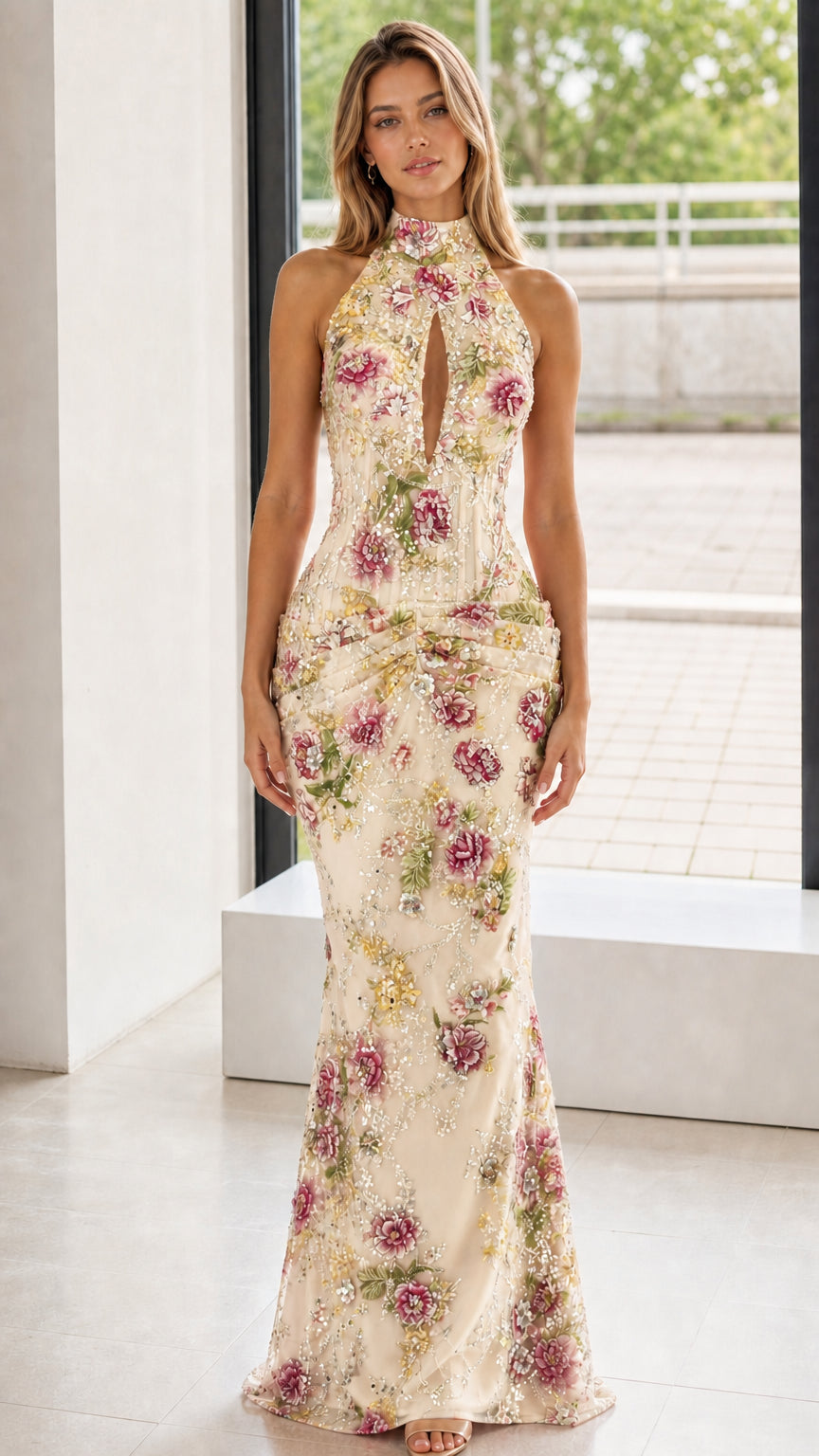 Front view of champagne floral embroidered halter evening dress