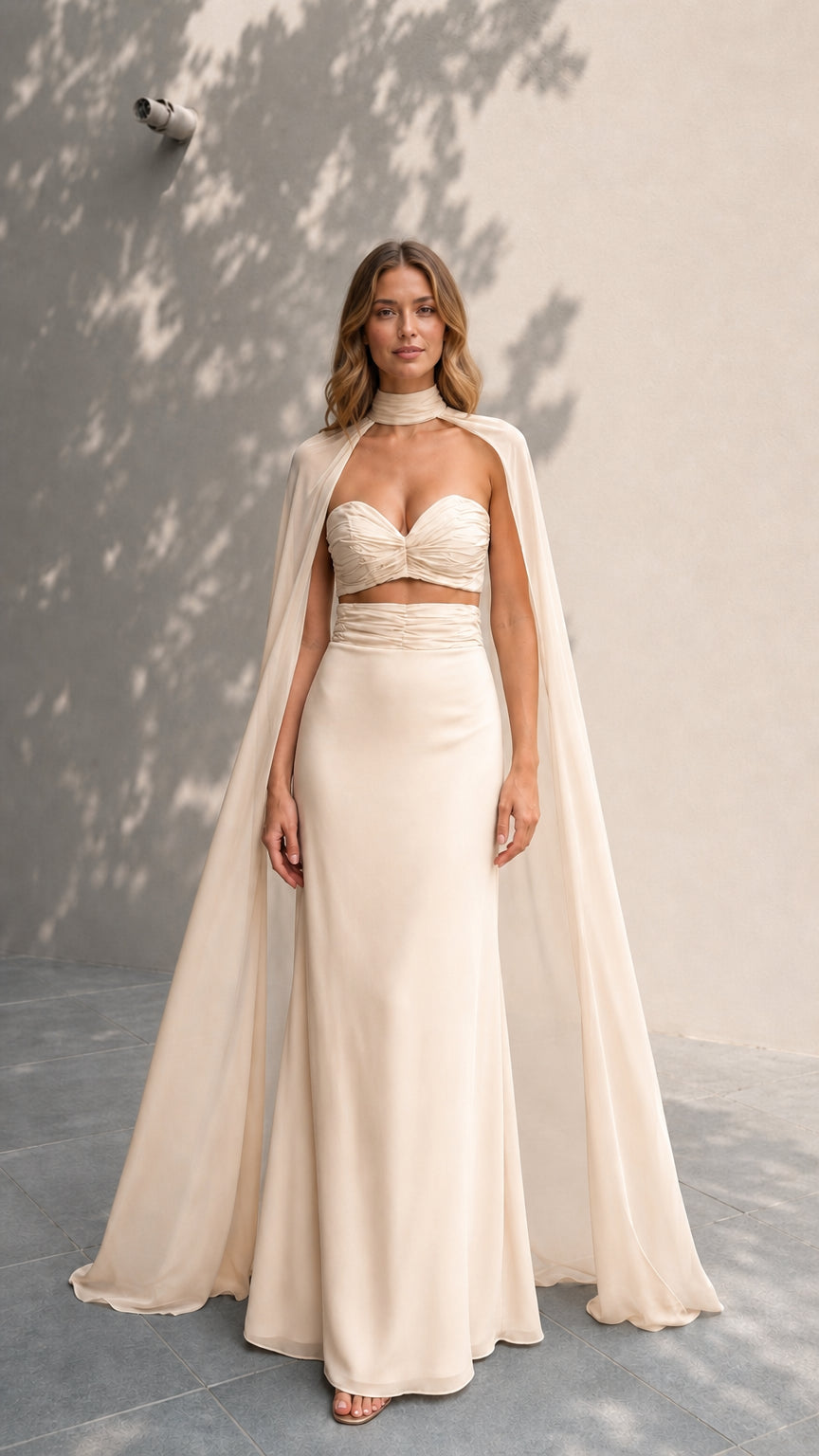 Model wearing champagne colored formal gown with sheer cape