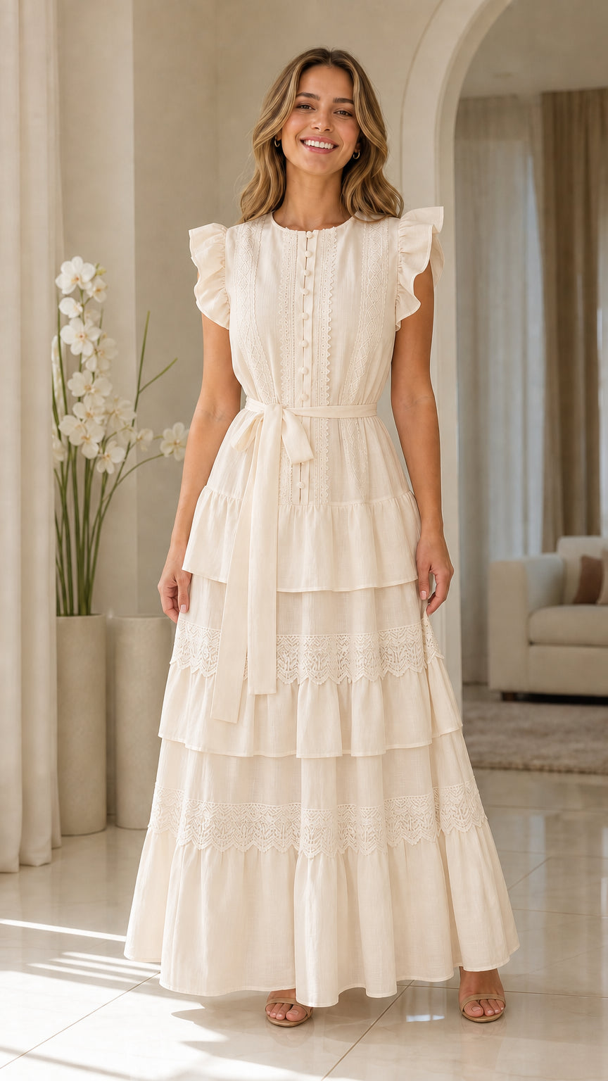 Woman wearing cream ruffle sleeve tiered maxi dress