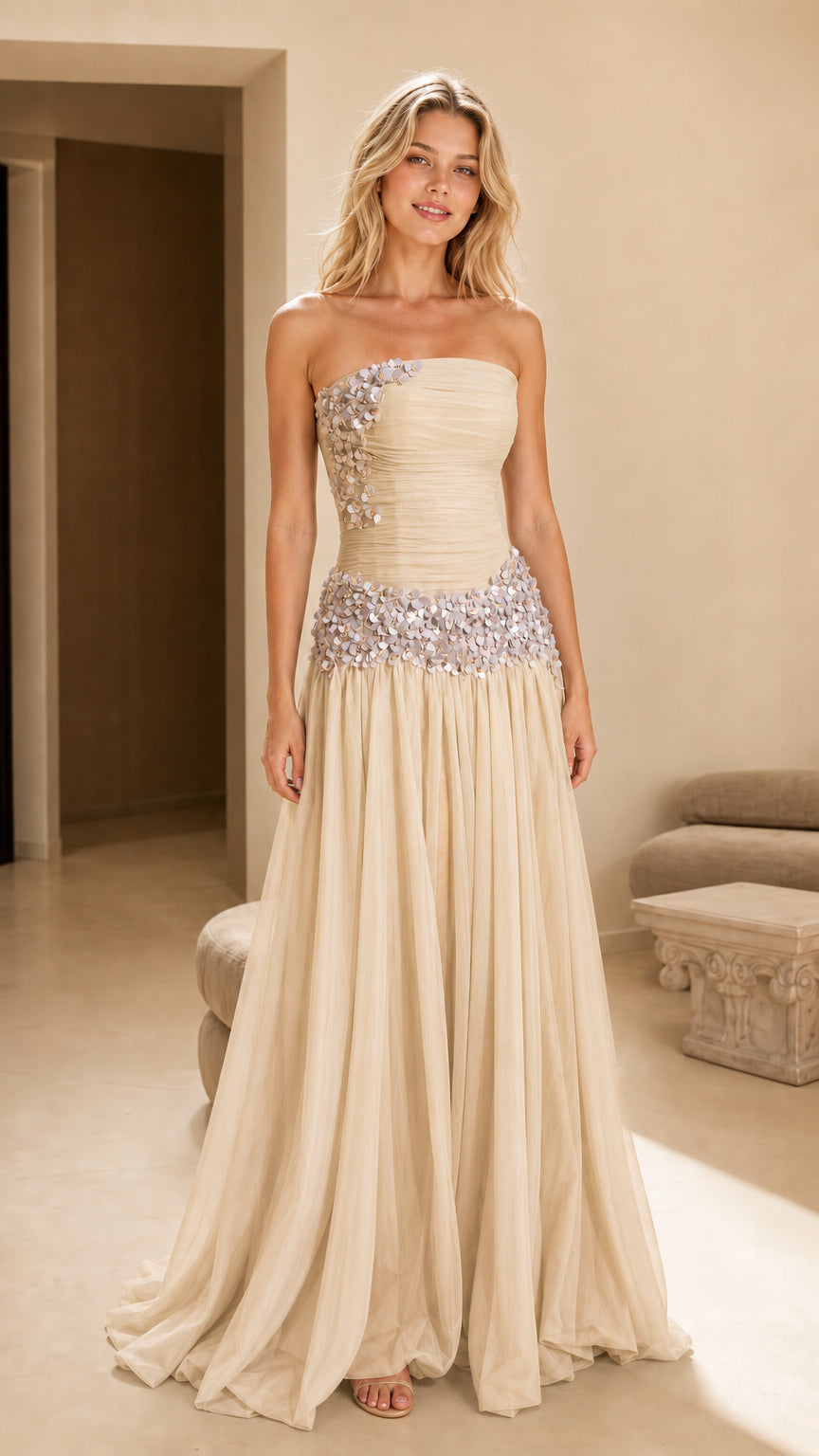 Front view of champagne strapless evening dress