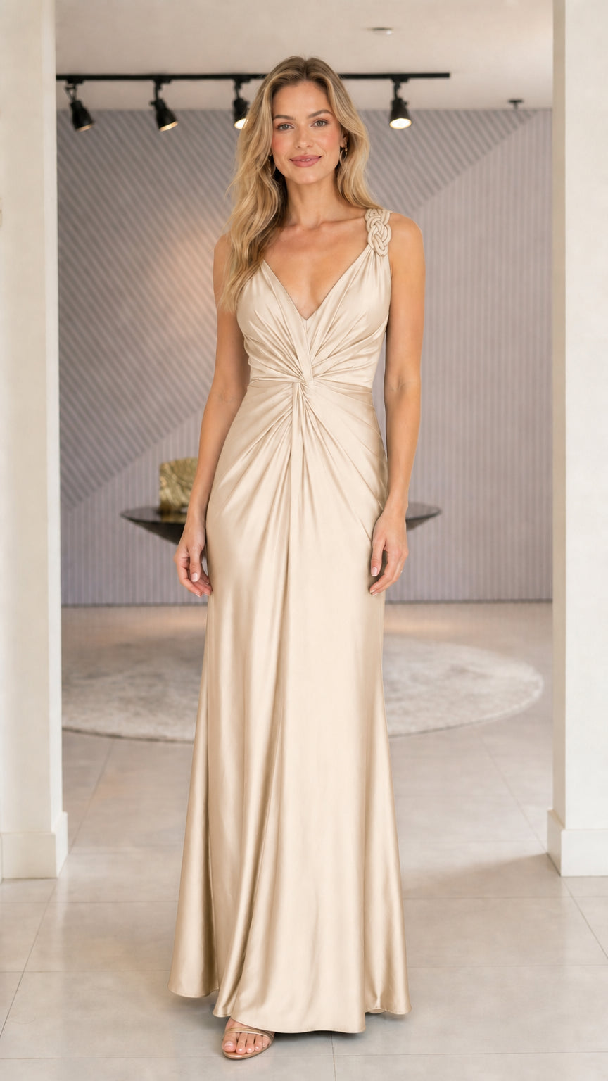 Model wearing champagne satin evening dress