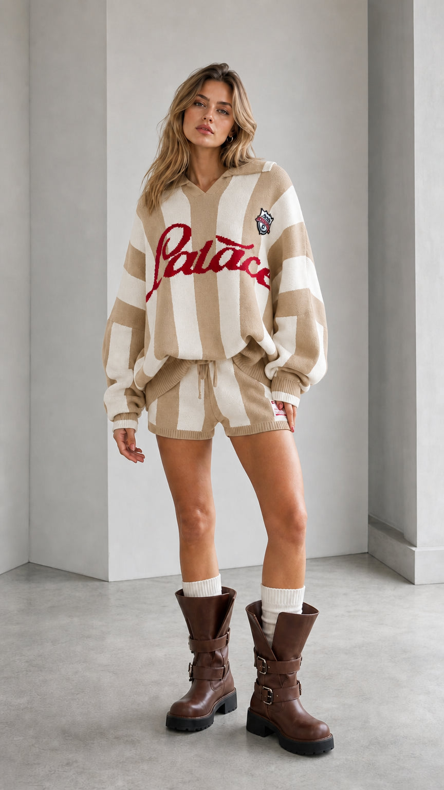 Model wearing beige and cream striped knit polo sweater and shorts set