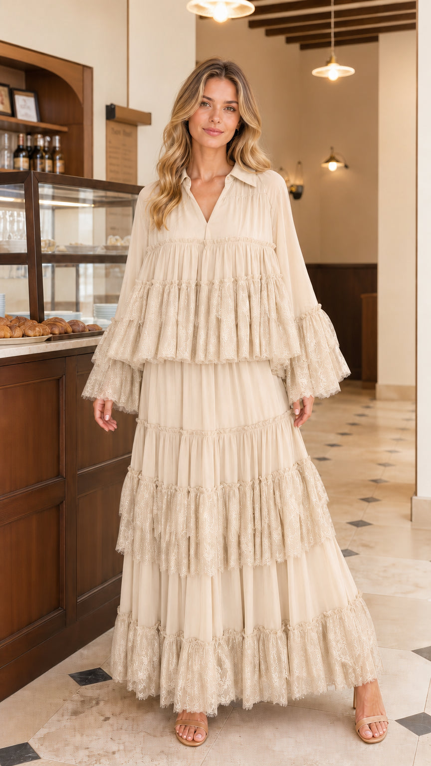 Front view of model wearing beige tiered lace maxi dress
