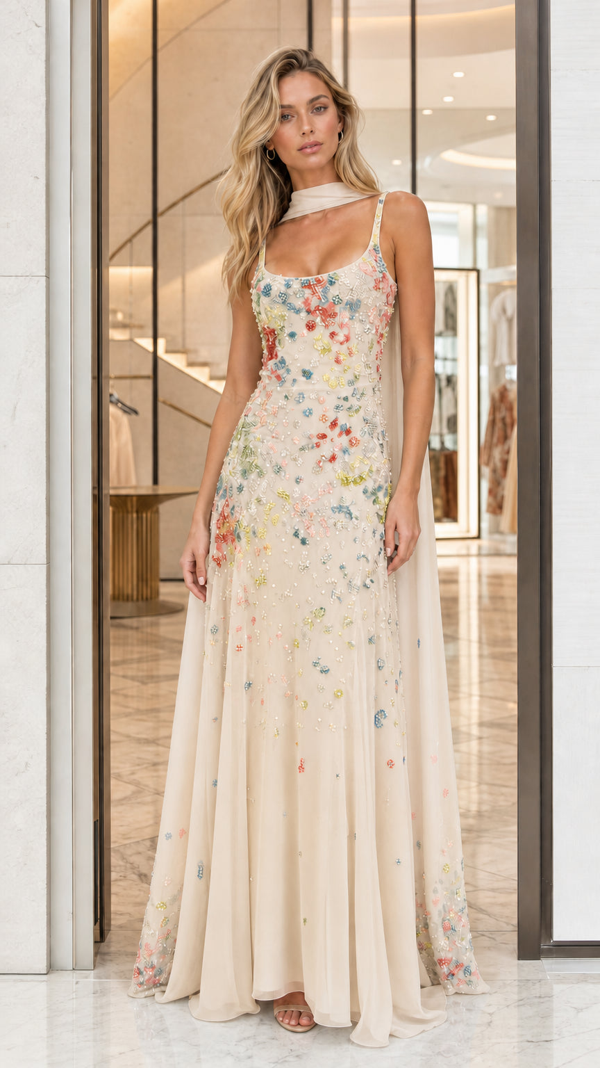 Champagne Embellished Floral Applique Sleeveless Maxi Dress Front View