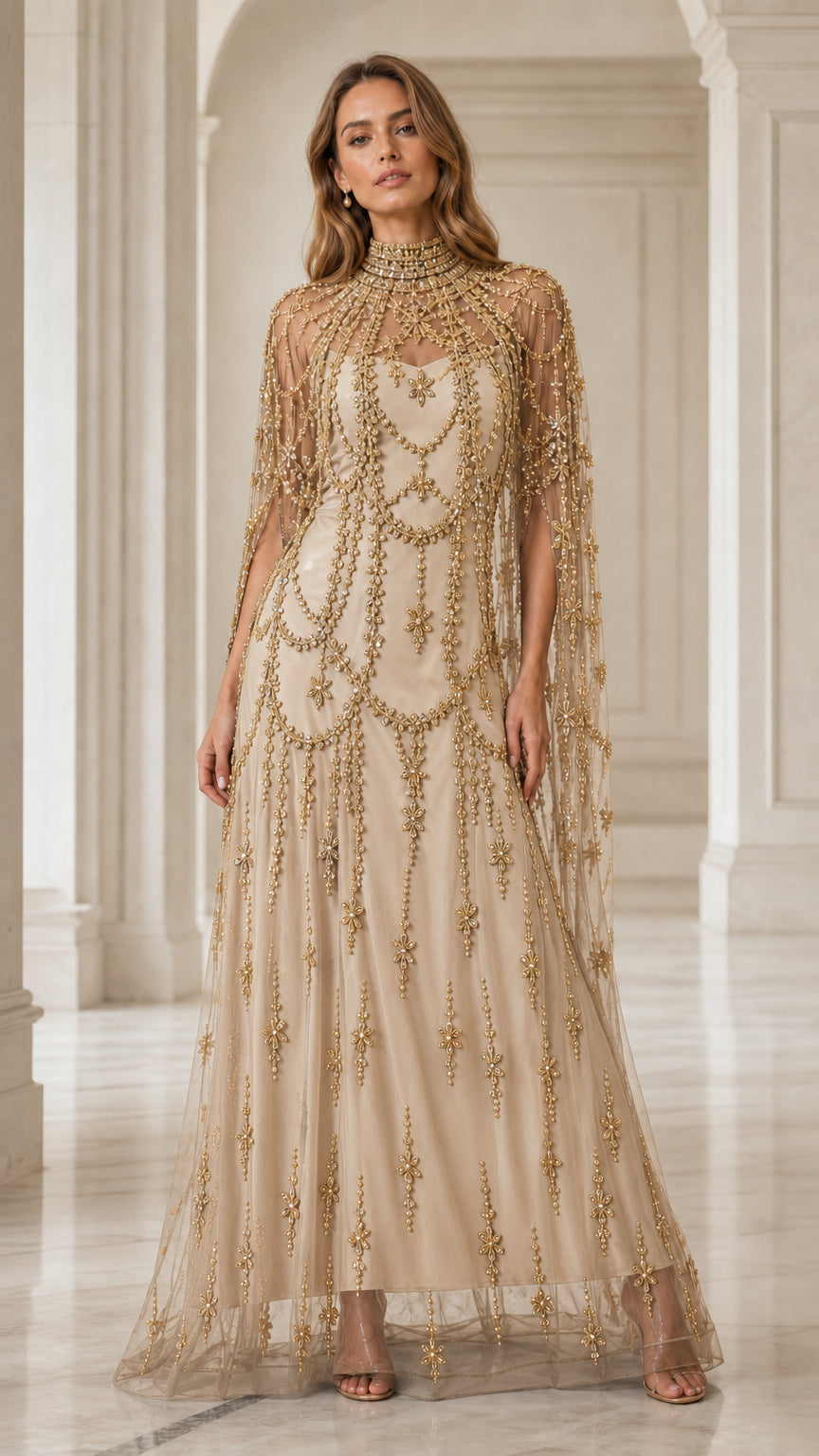 Model wearing champagne colored beaded evening gown