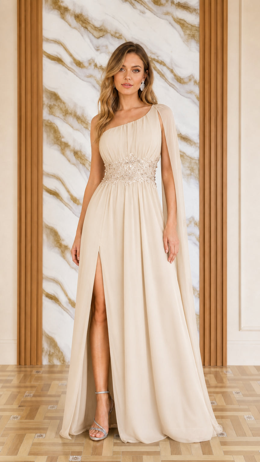 Front view of woman wearing champagne one-shoulder cape evening dress