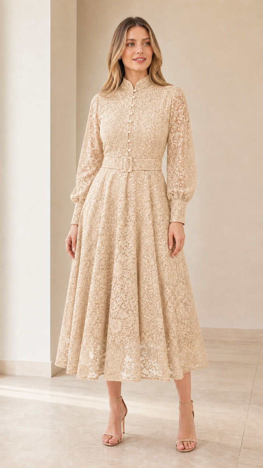 Model wearing Champagne beige floral lace long sleeve midi dress