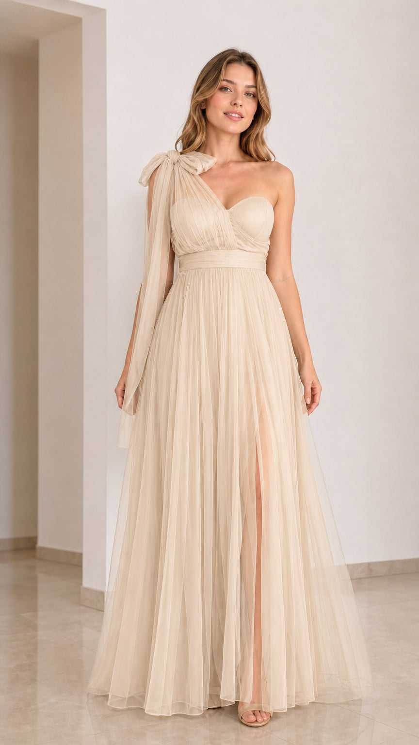 Champagne one-shoulder tulle maxi dress