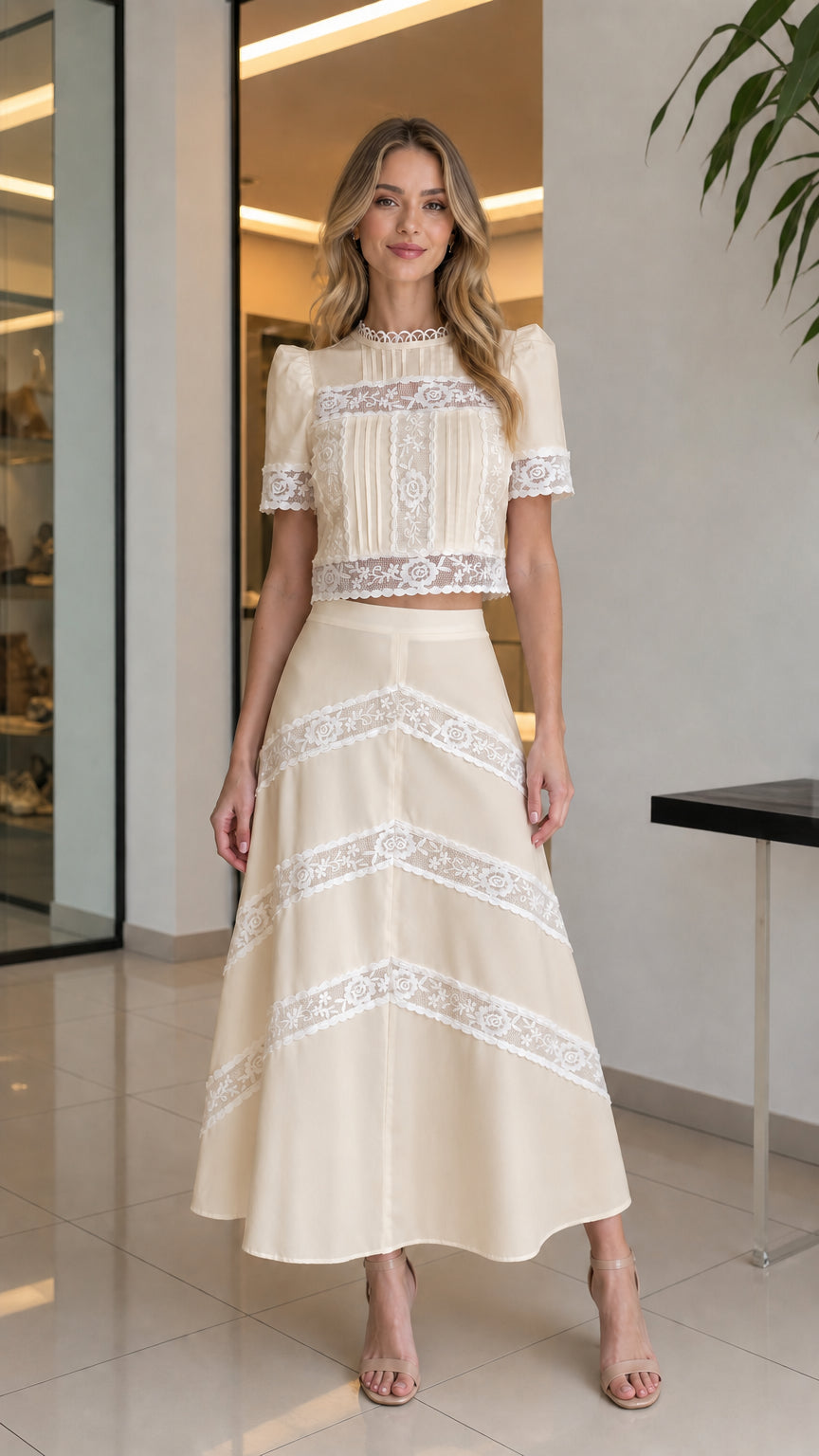 Full-body view of woman wearing beige lace crop top and matching skirt set