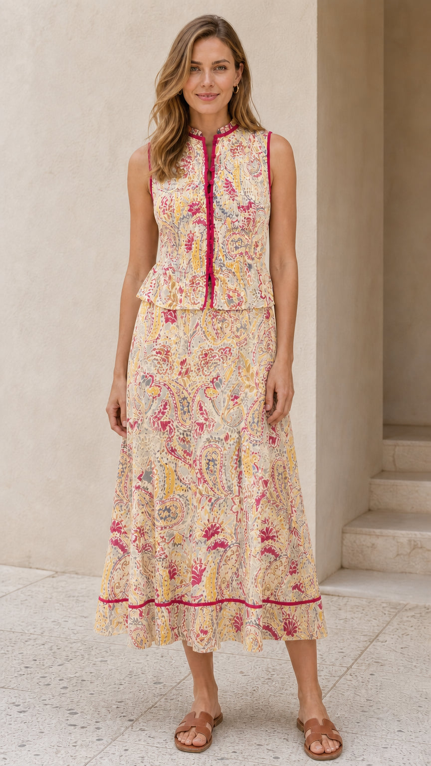 Front view of beige multi paisley print midi dress