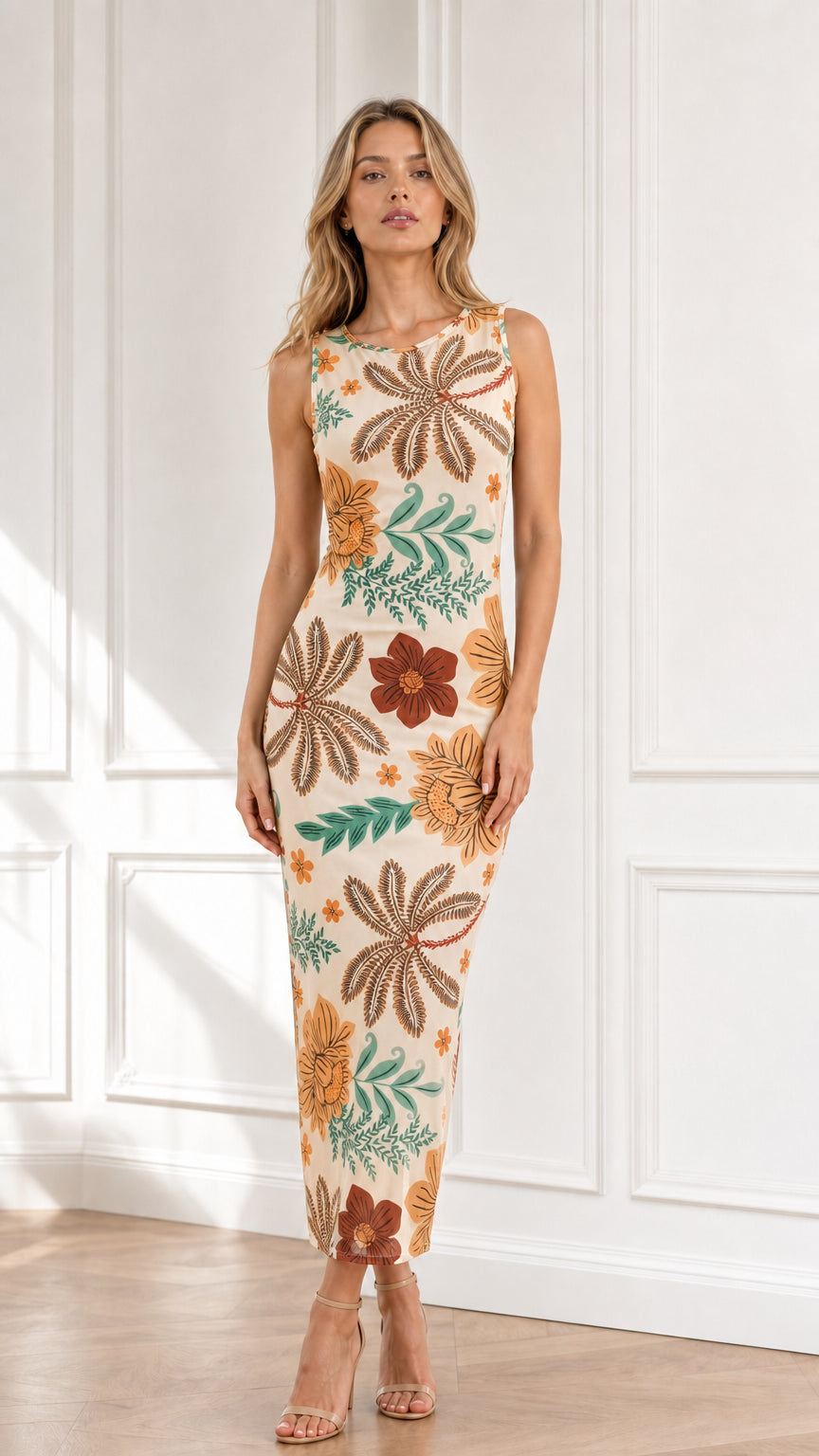 Front view of model wearing beige botanical floral print midi dress