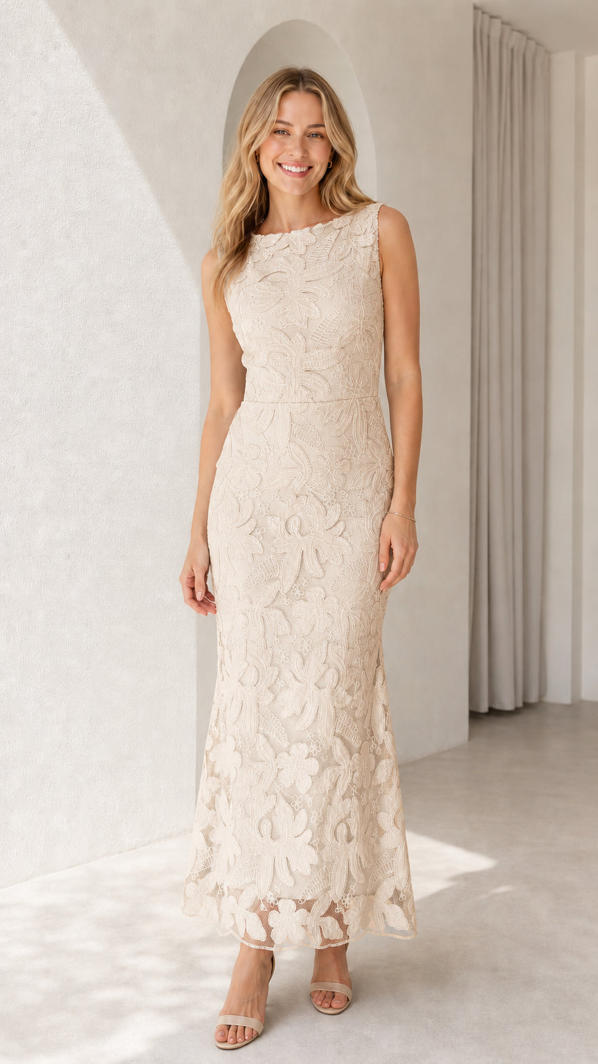 Model wearing champagne cream sleeveless floral lace maxi gown