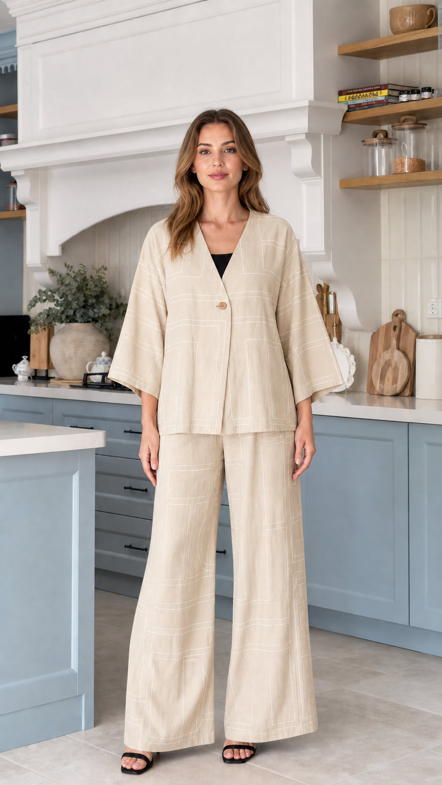 Model wearing Beige oatmeal neutral 2-piece matching set