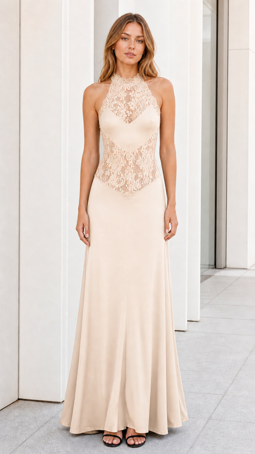 Champagne color variant of the halter lace maxi dress