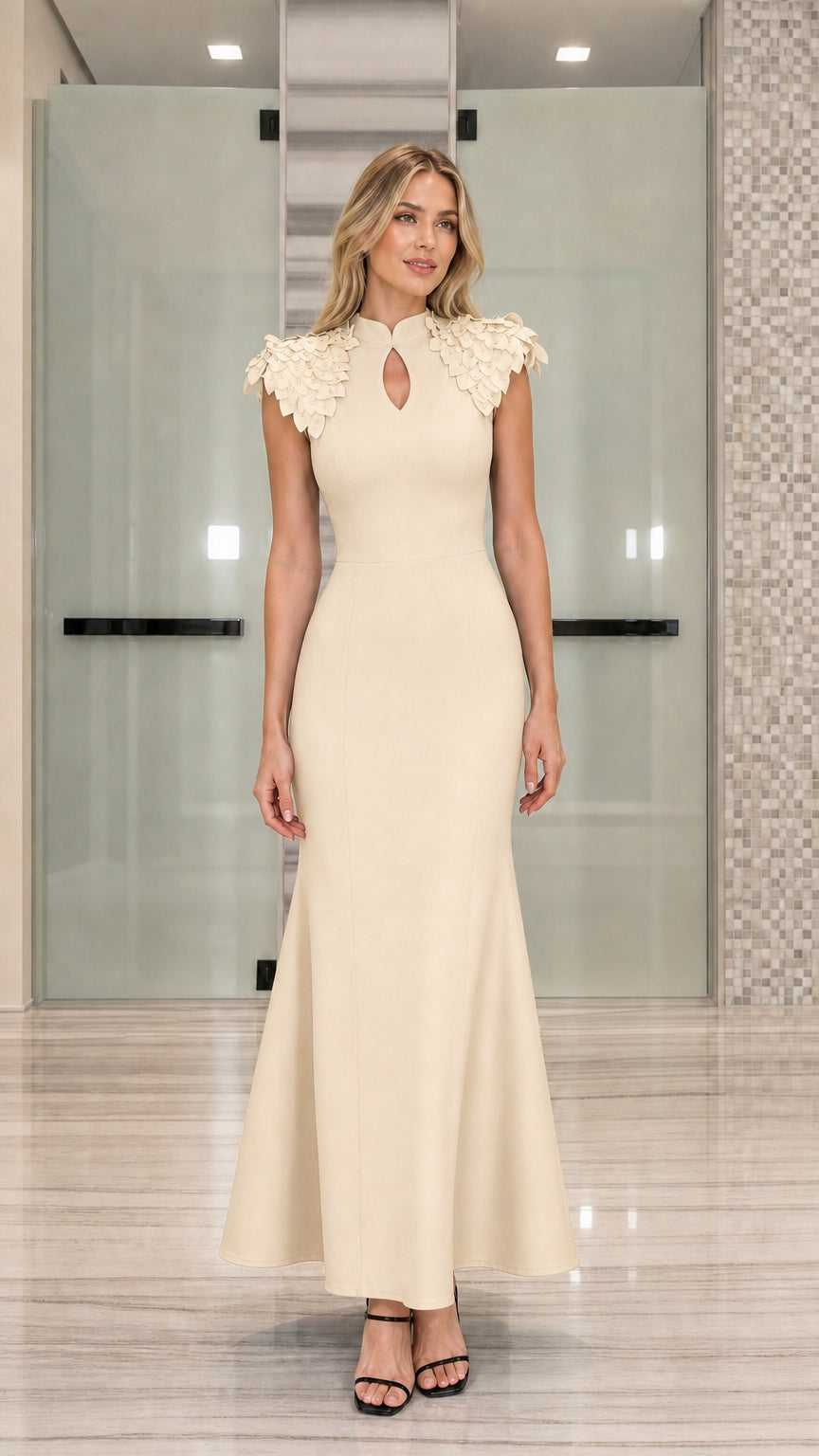 Full-length view of cream ivory mermaid evening maxi dress with matching petal shoulders