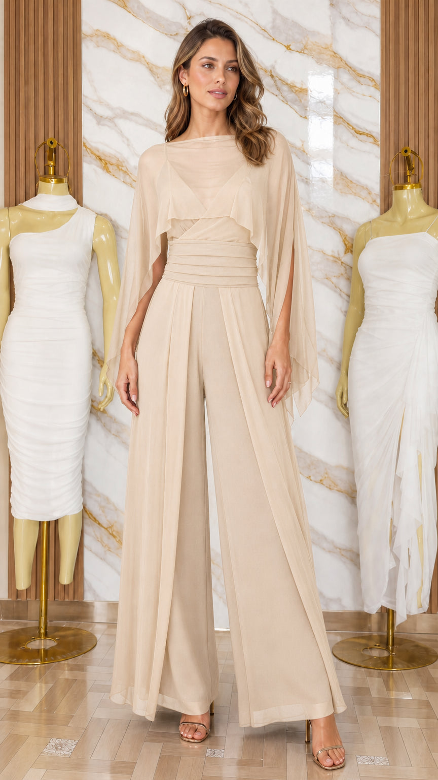 Model wearing champagne chiffon overlay wide-leg jumpsuit
