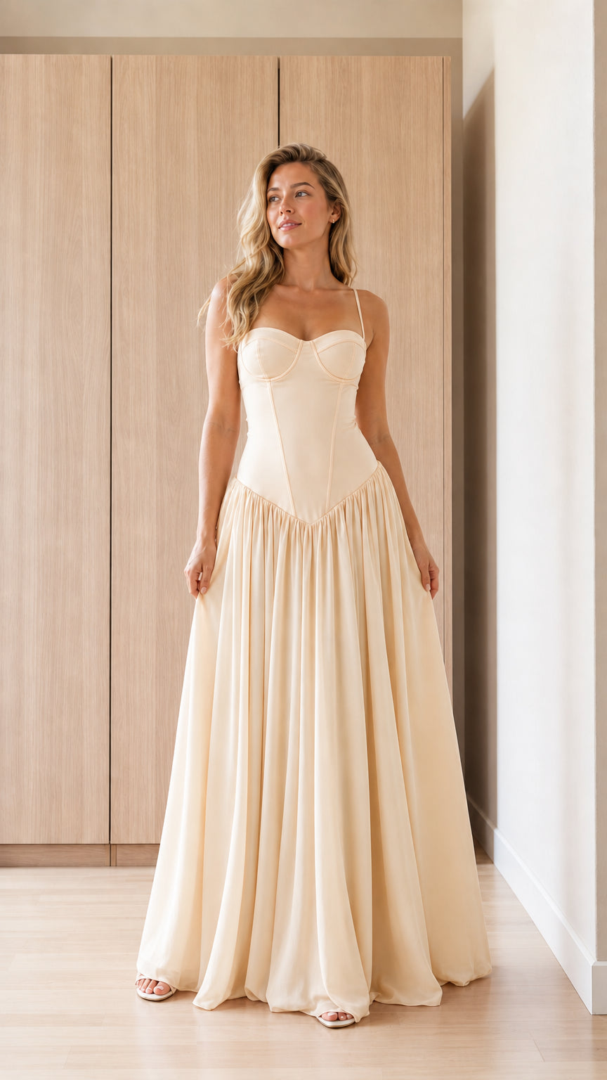 Front view of champagne neutral bustier maxi dress
