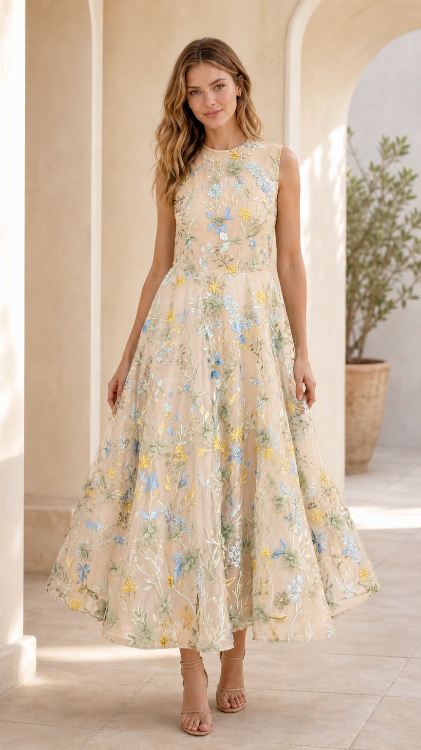 Champagne floral embroidered midi dress front view