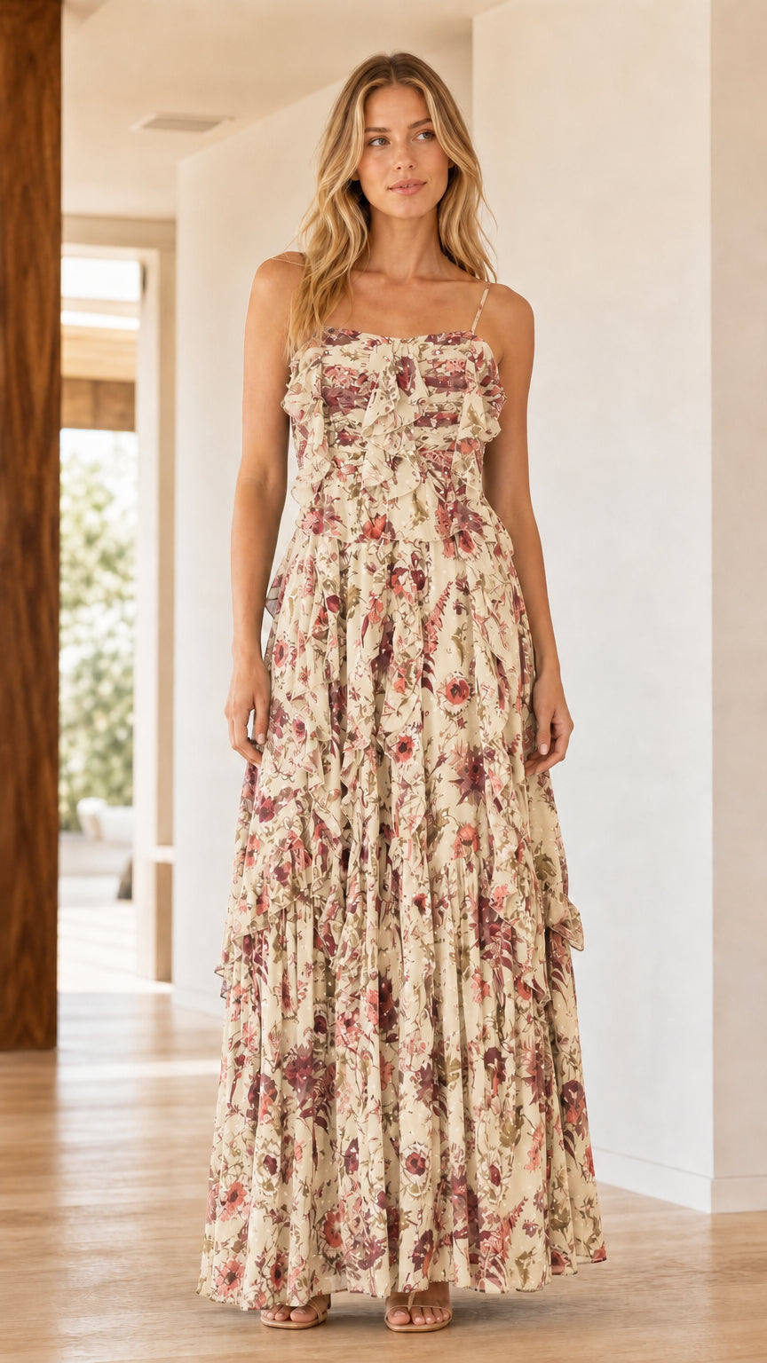 Front view of model wearing Cream floral ruffle tiered maxi dress