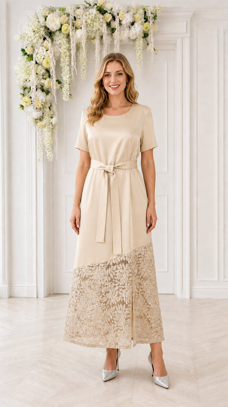 Model wearing champagne lace-trimmed midi dress