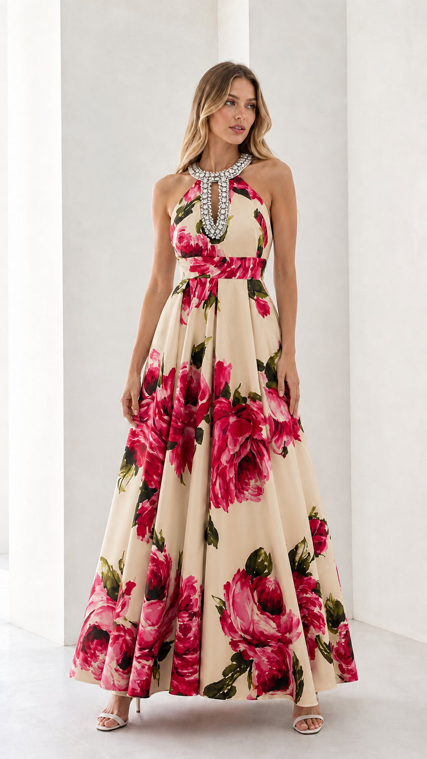 Woman wearing champagne floral long dress variant