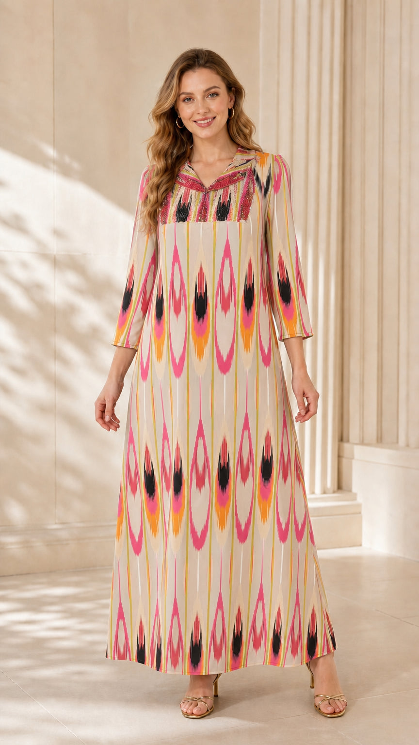 Model wearing Cream Multi ikat print split collar maxi dress