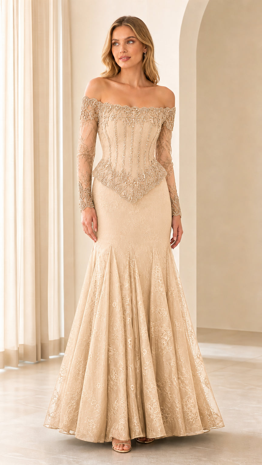 Front view of champagne evening gown