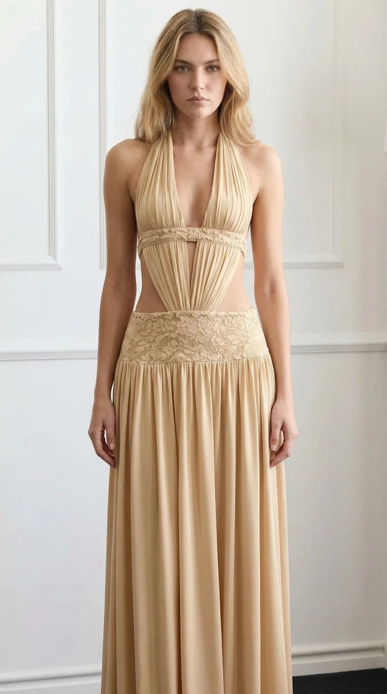 Front view of khaki halter cutout maxi dress