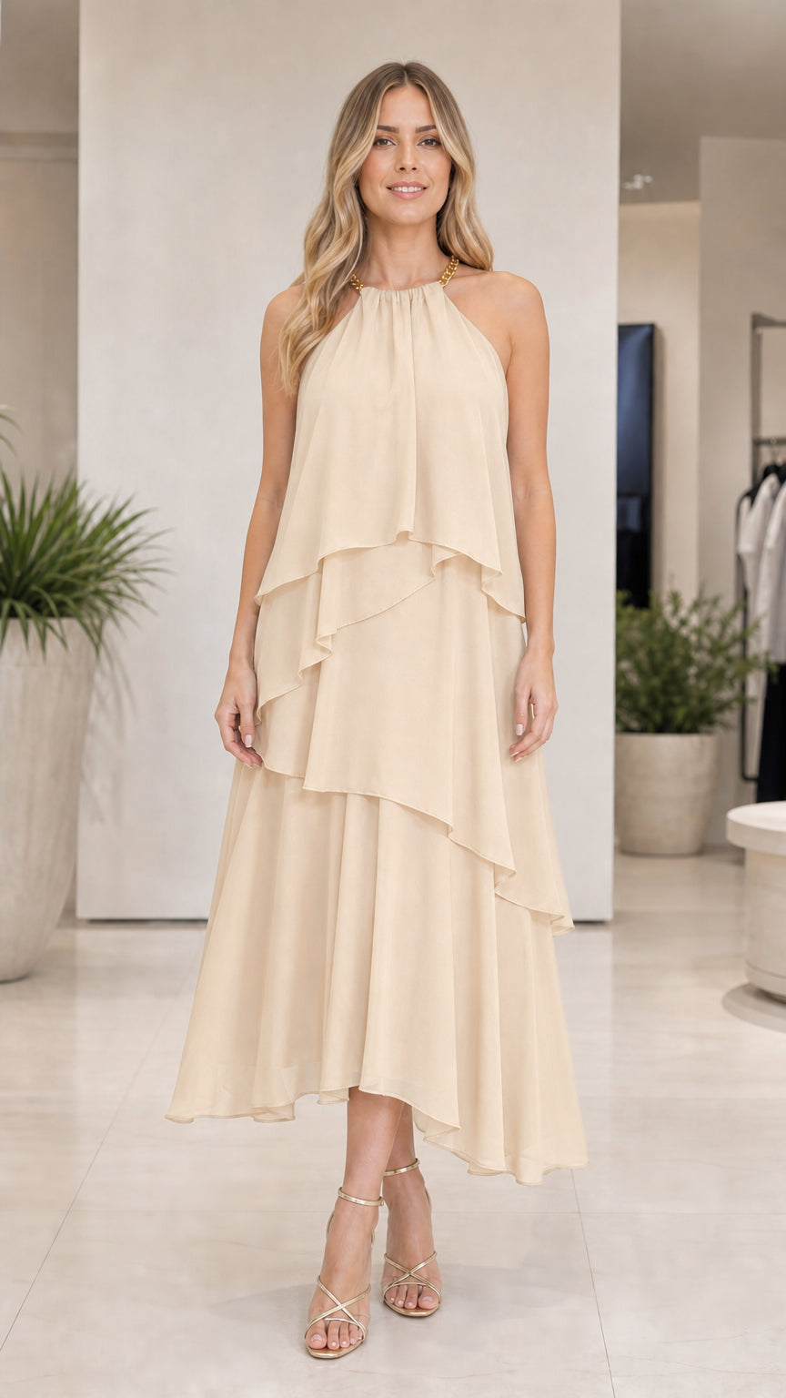 Ivory tiered halter midi dress shown from the front