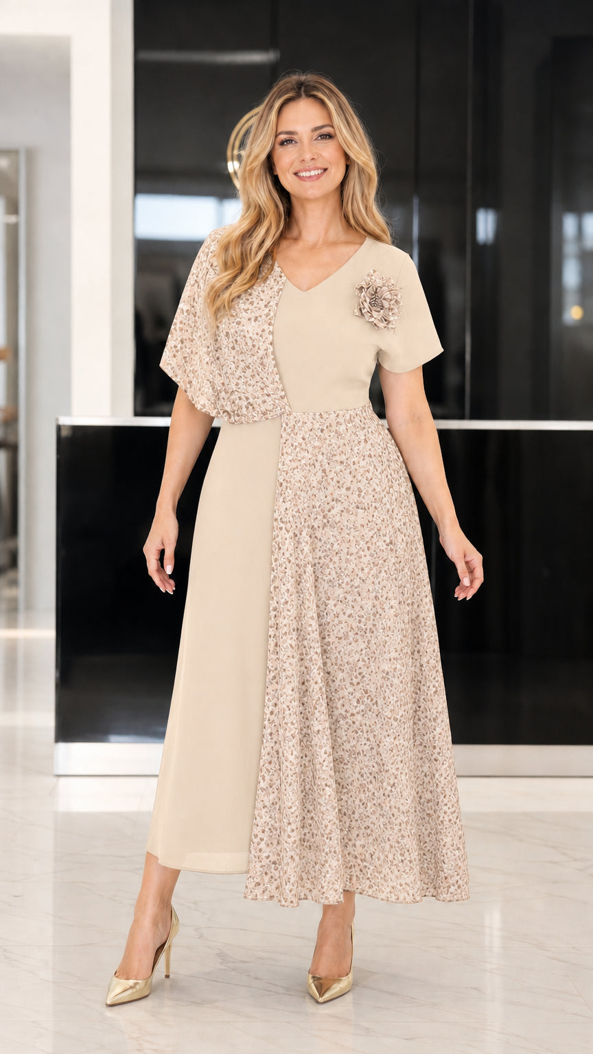 Front view of beige champagne asymmetrical floral patchwork midi dress