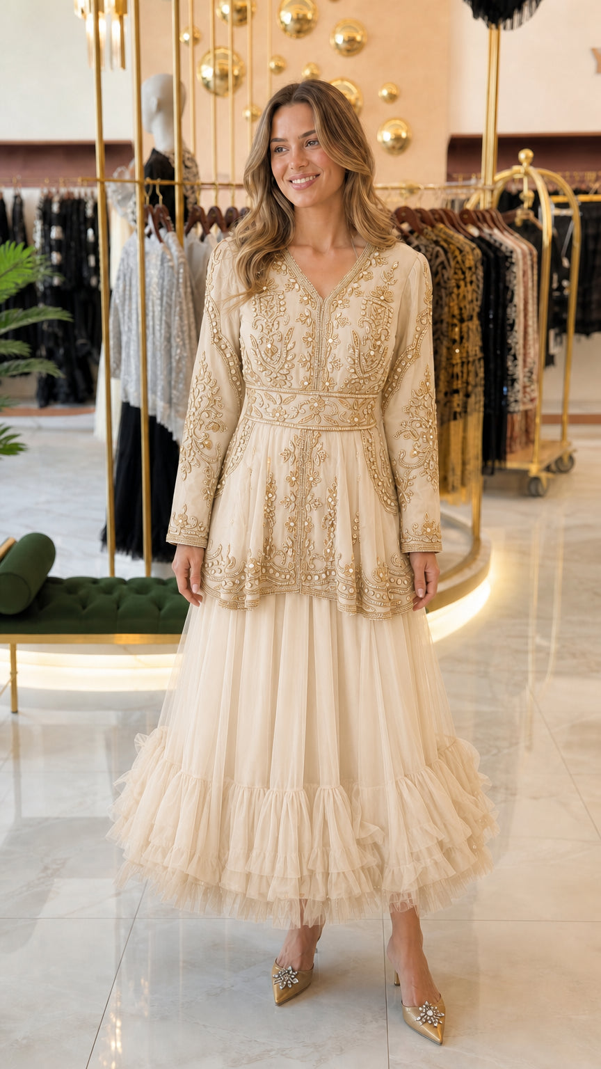 Champagne gold embroidered peplum tulle maxi evening dress front view