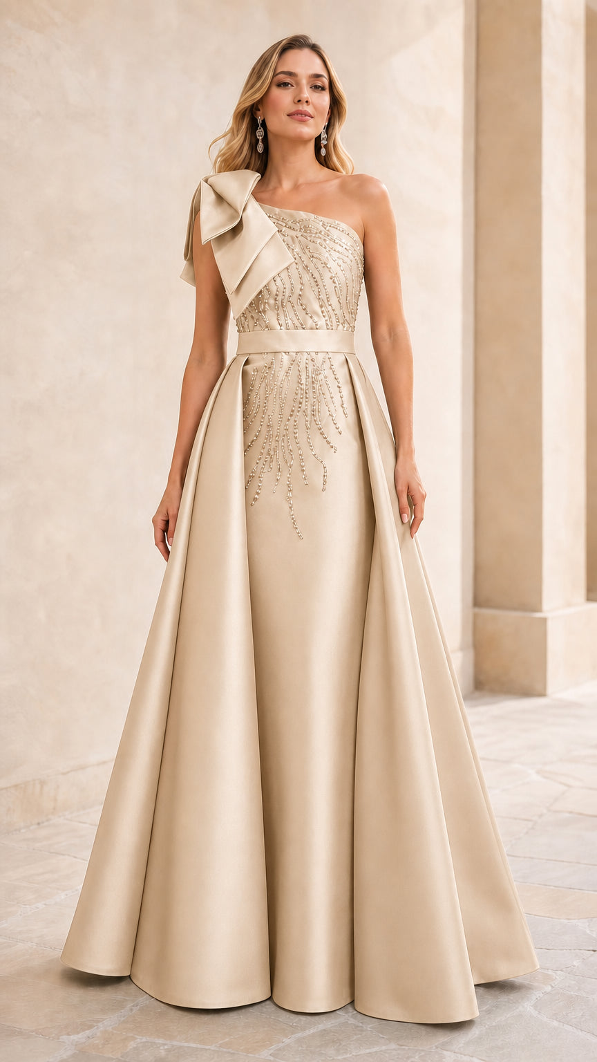 Champagne One-Shoulder Bow Embellished Beaded Evening Gown