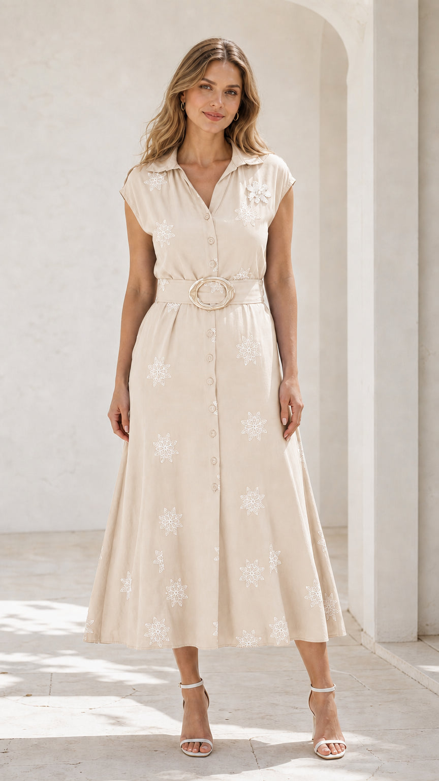 Front view of beige embroidered belted midi shirt dress
