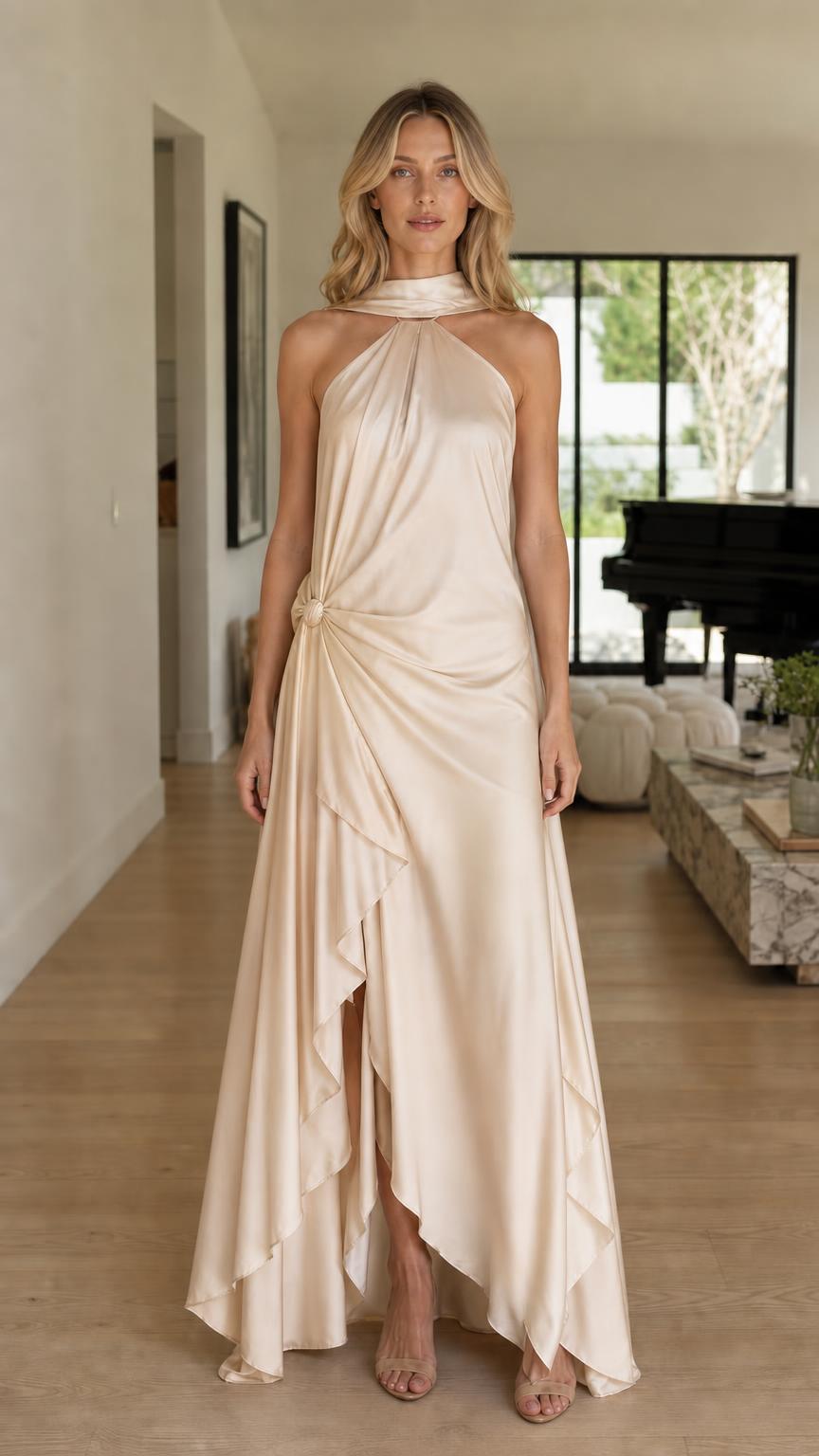 Model wearing champagne satin halter maxi dress