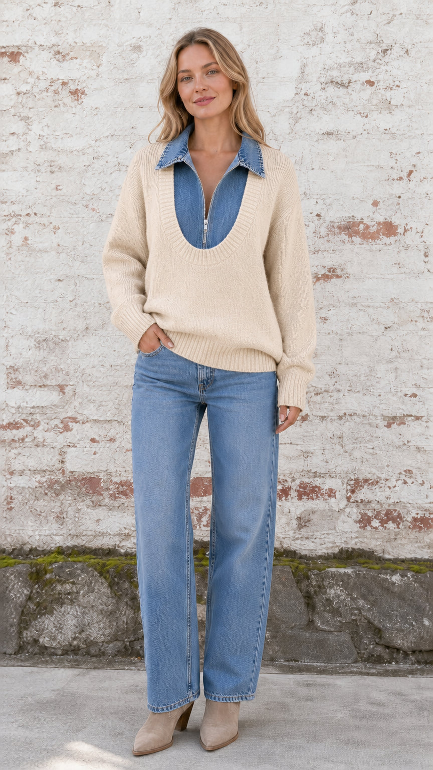 Model wearing beige oatmeal 2-in-1 knit sweater with denim collared insert
