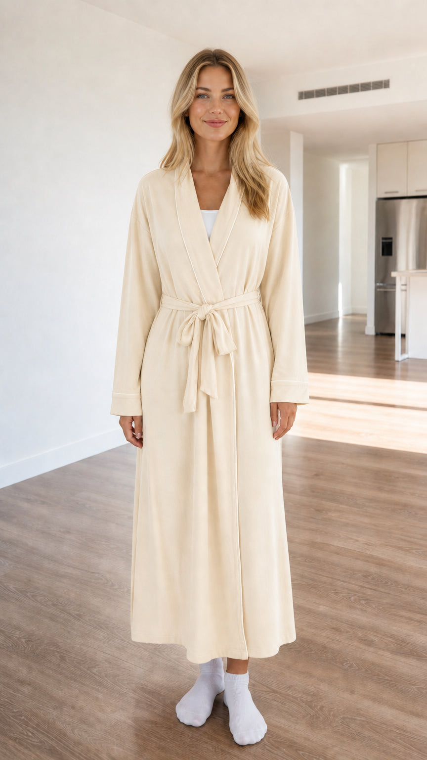 Front view of model wearing cream white long knit robe with contrast piping