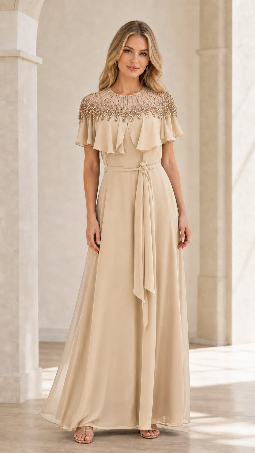 Front view of champagne beaded capelet maxi dress