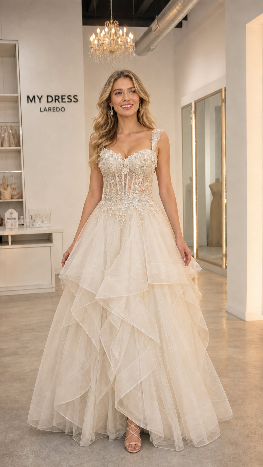 Front view of champagne tulle ball gown