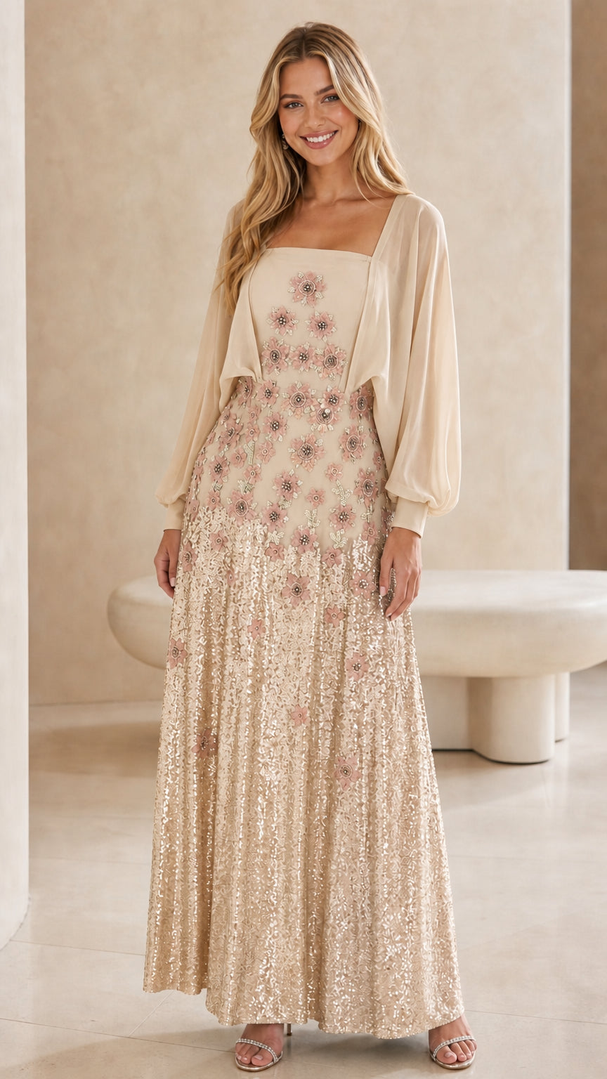 Front view of champagne gold floral sequin maxi evening gown