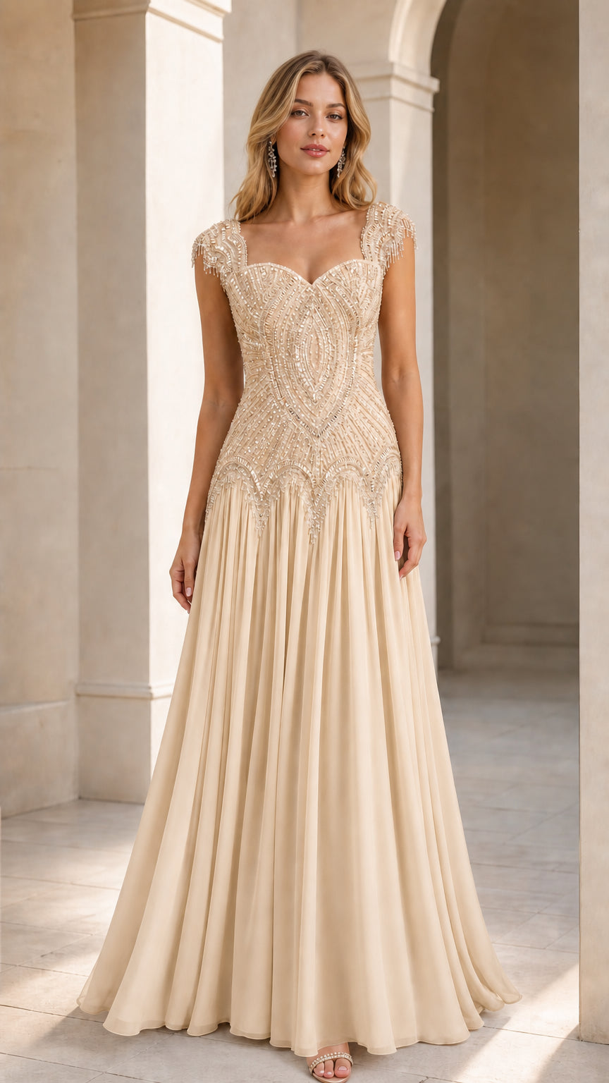 Champagne embellished sweetheart formal gown