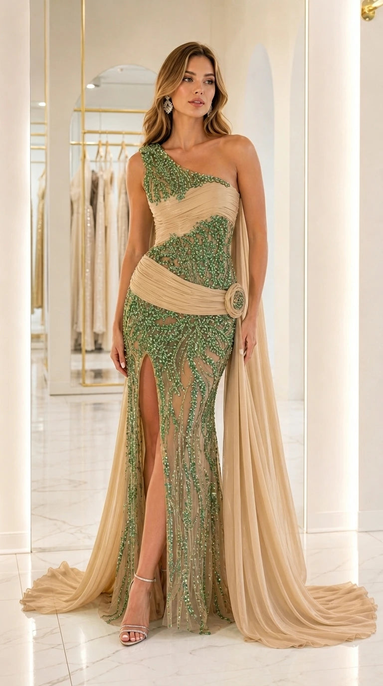 Front view of champagne and green one-shoulder evening gown