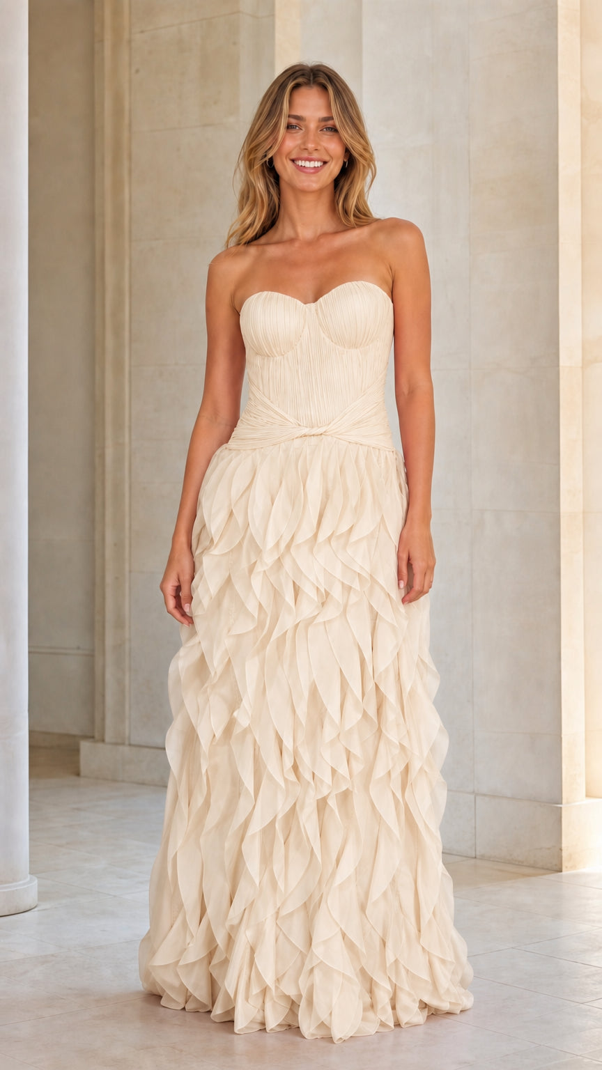 Model wearing champagne beige strapless tiered ruffle maxi dress