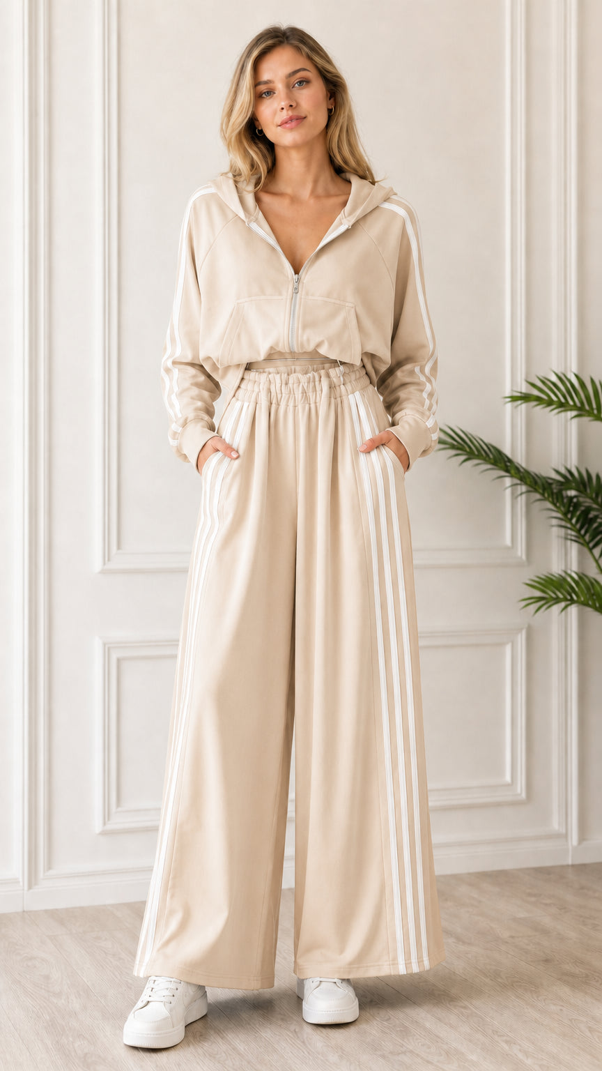 Full-length front view of woman wearing Beige 2-piece striped tracksuit set