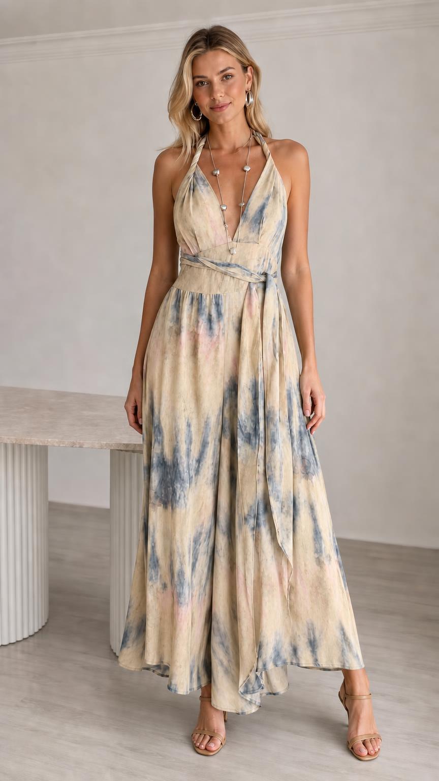 Model wearing beige tie-dye halter neck maxi jumpsuit