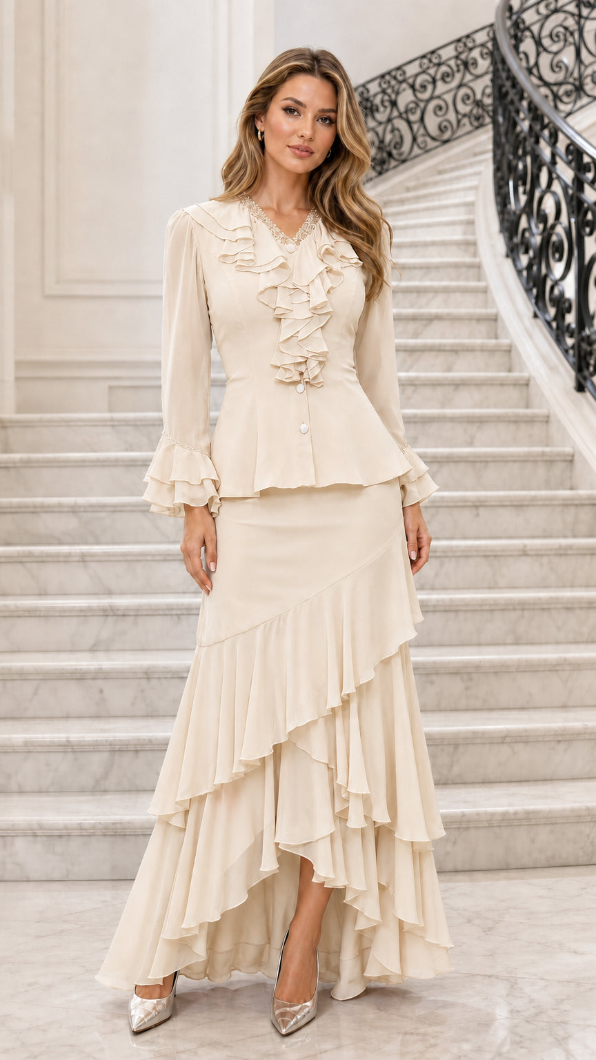 Full view of champagne ruffled two-piece maxi dress set