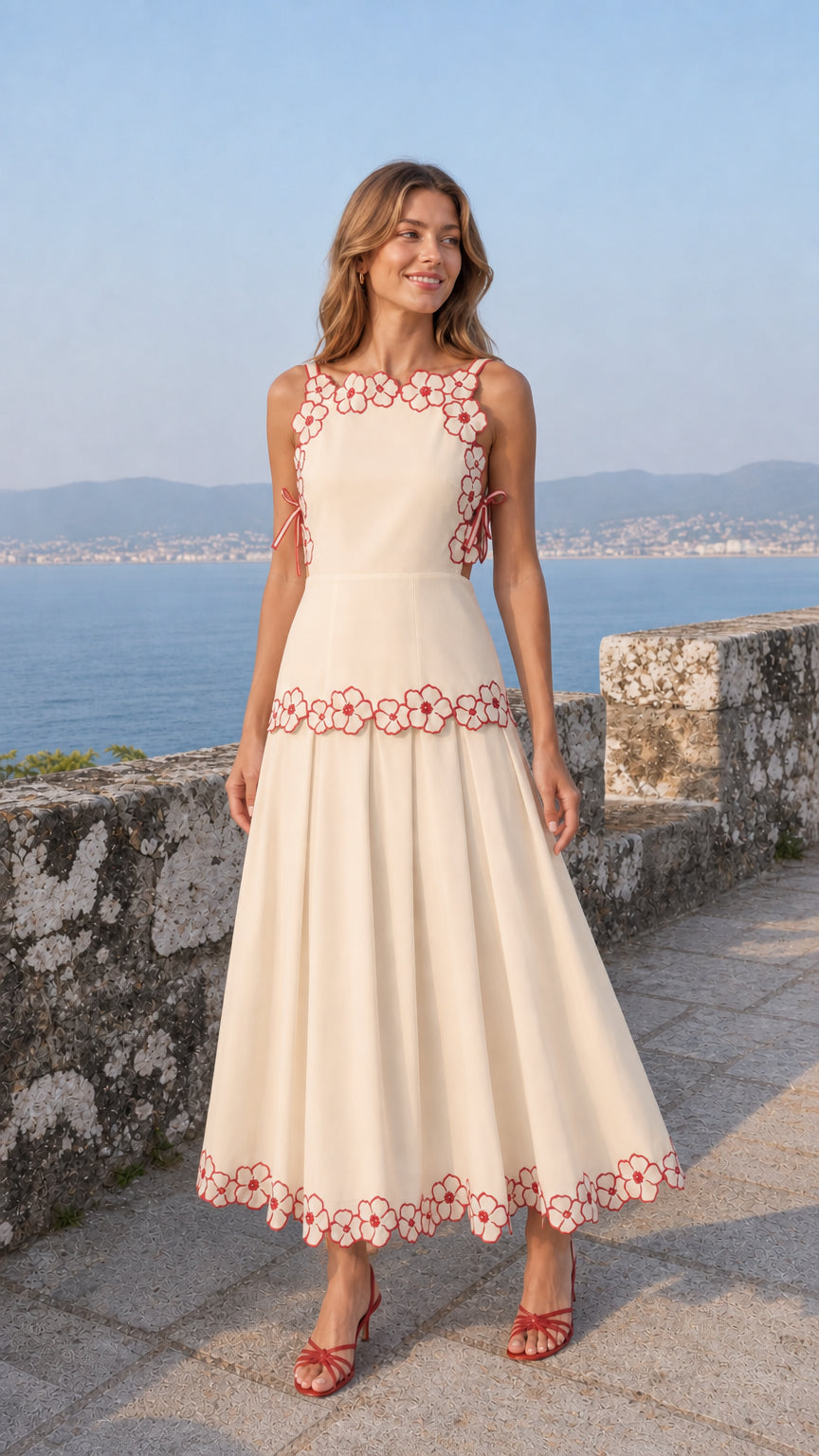 Woman wearing beige variant of the embroidered floral midi dress